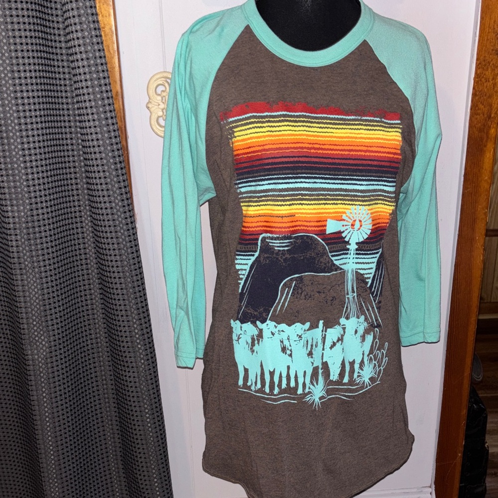 Womens Mint and Brown Graphic Raglan Top